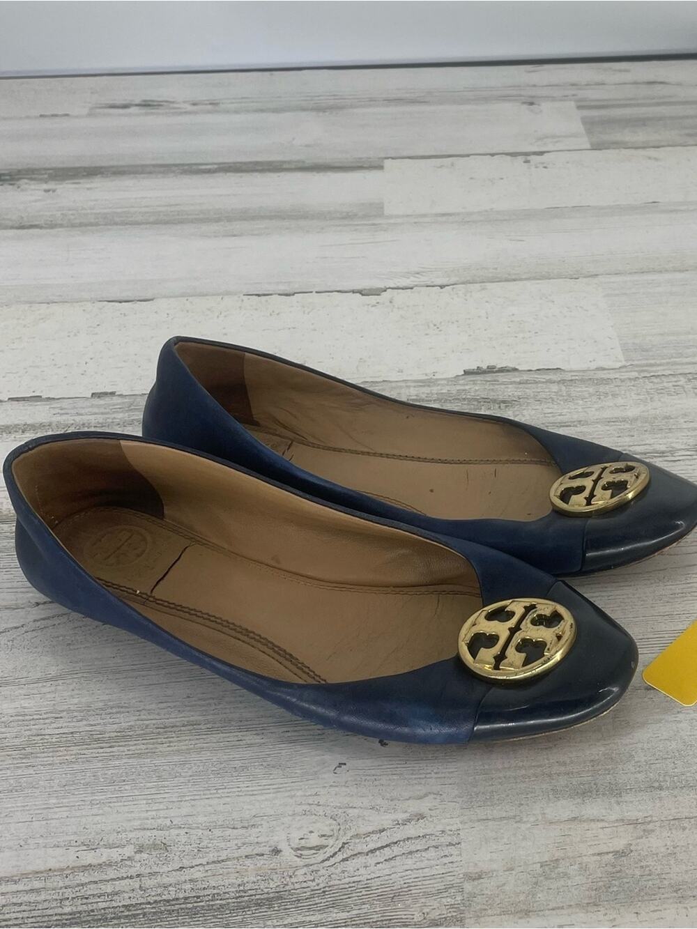 Tory Burch Chelsea Cap Toe Ballet Flats Navy Leather Size 7.5 Gold Logo